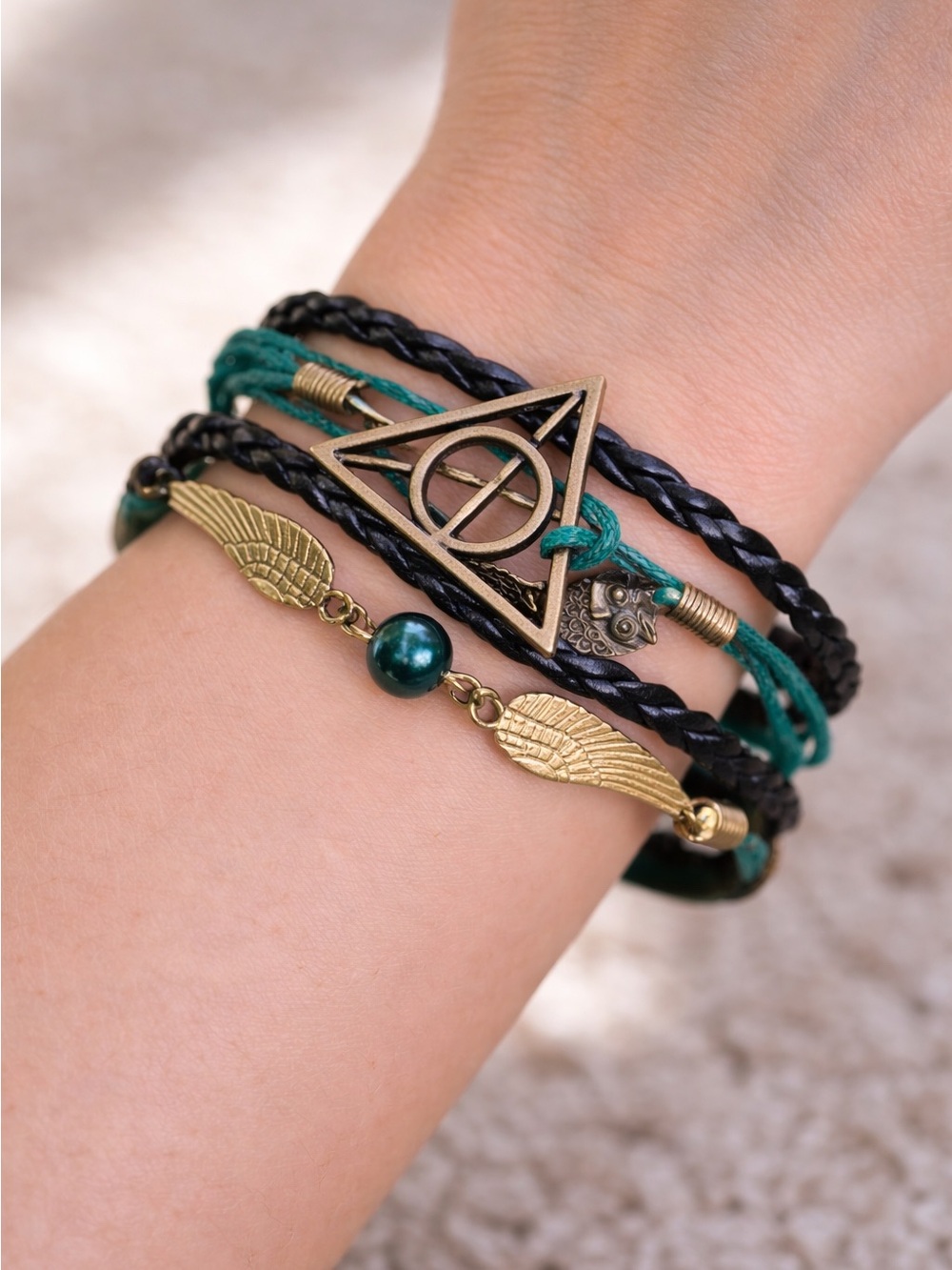 Boho Multi-Strand Green & Black Charm Bracelet - Unbranded